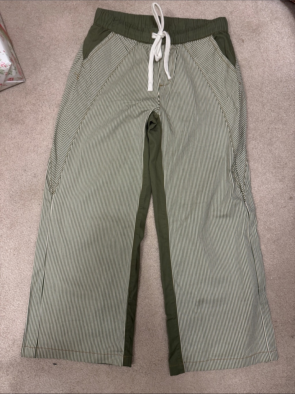 Womens Olive & White Striped Casual Drawstring wide leg Pants